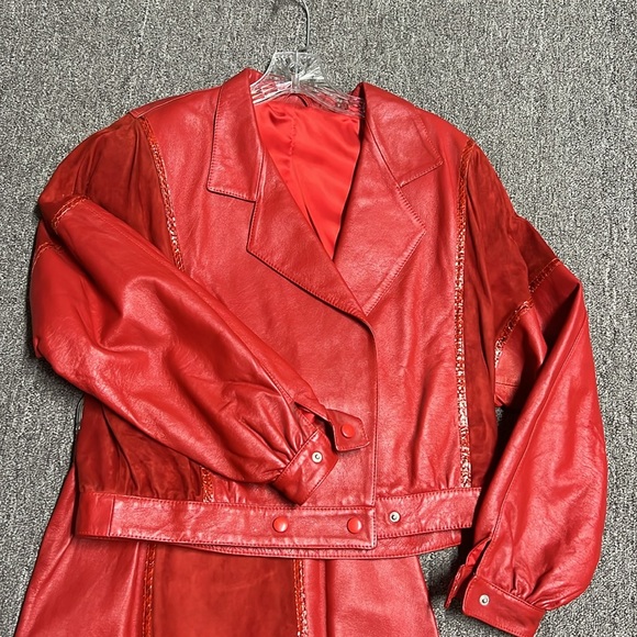 Red leather vintage jacket, and skirt - Picture 2 of 8